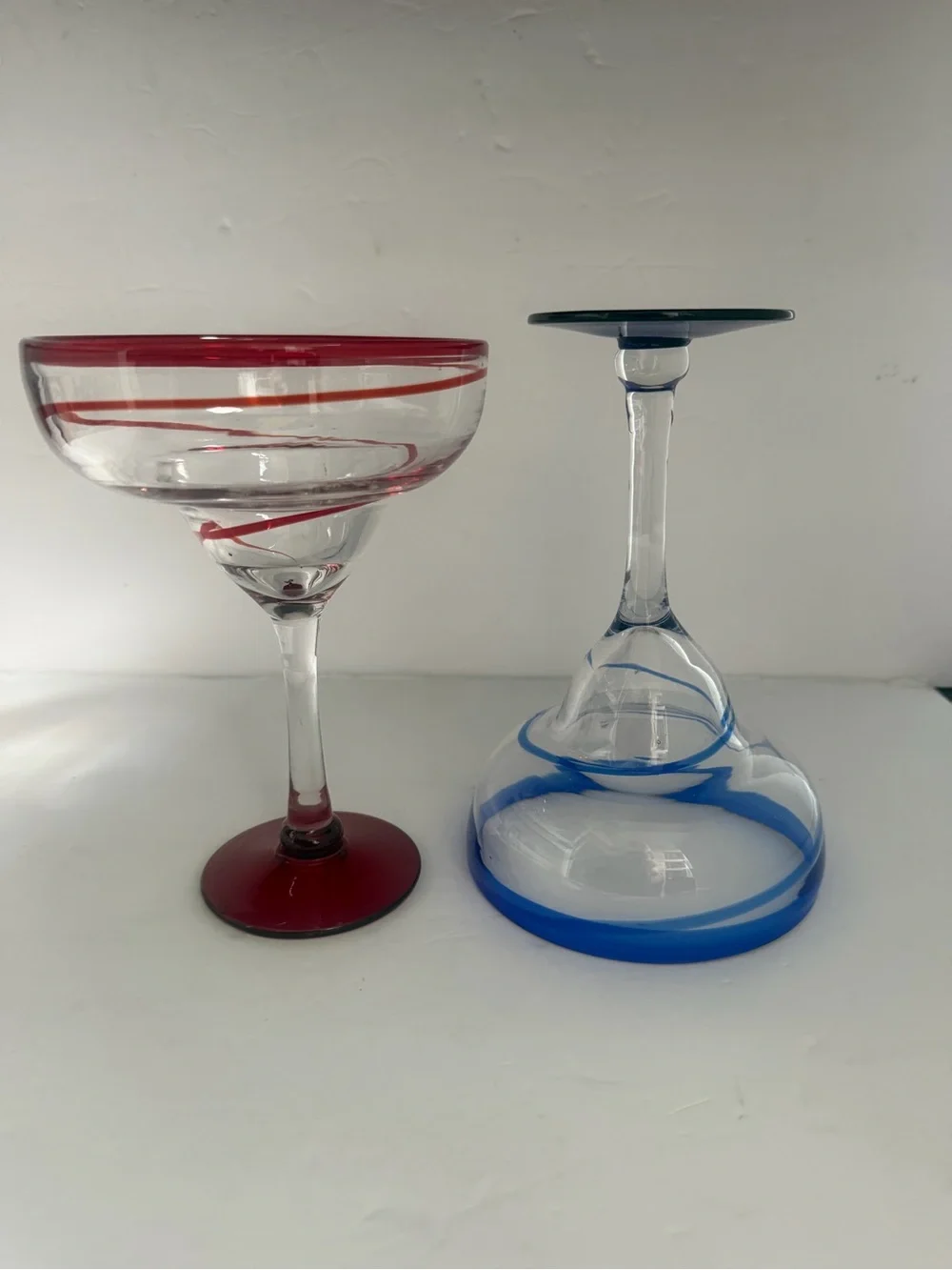 Set of 2 Hand Blowing Large Margarita Glasses with Blue & Red Accents